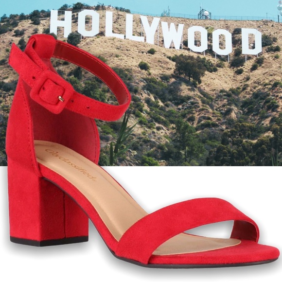 BEST SELLER Cake Bright Red Suede Buckle Chunky Sandal Heel Nu Shuz Key West - Picture 3 of 5